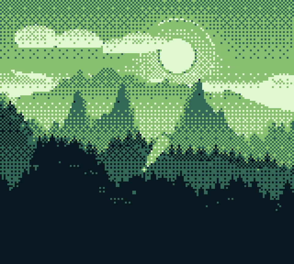 A Slow Horizons landscape: peaks under a haloed sun with a pine forest, in four shades of green